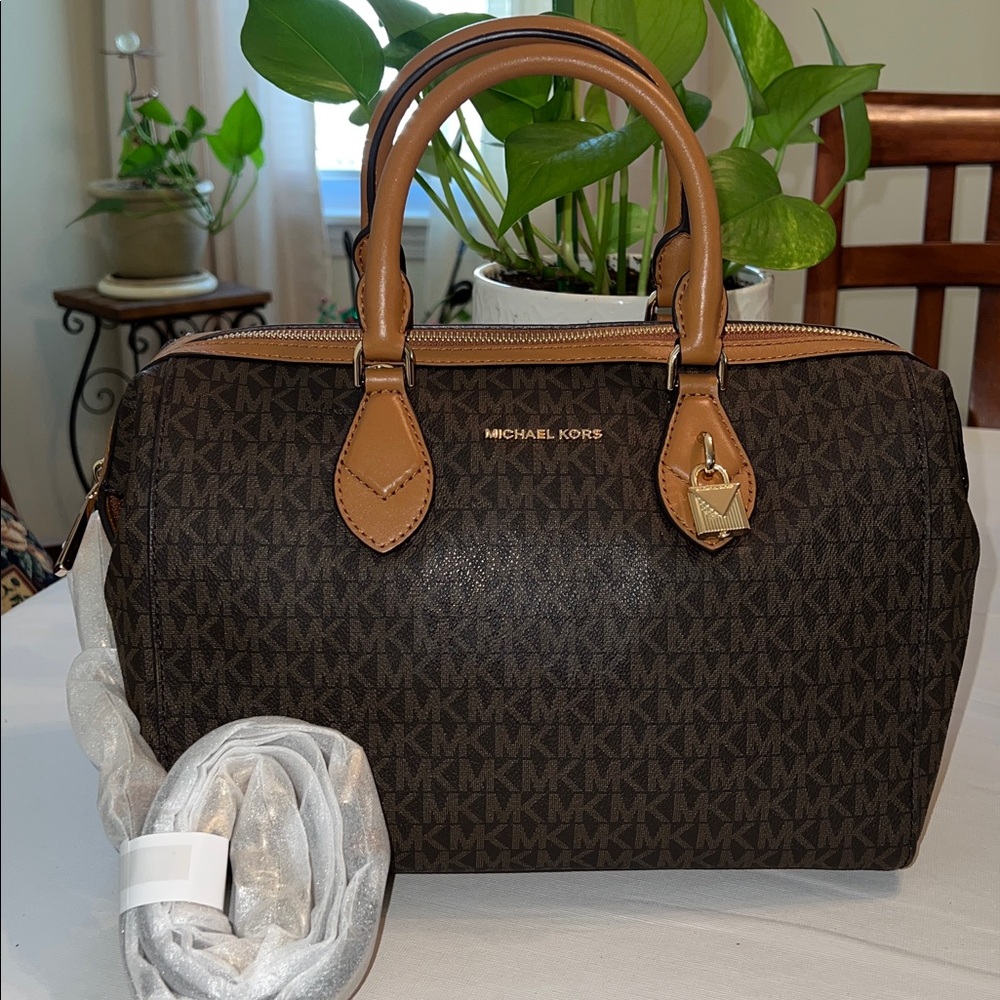 Michael Kors Brown Monogram Satchel with Tan Handles